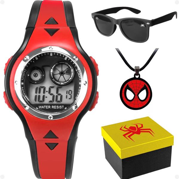 Imagem de Kit Relógio Infantil Homem Aranha Led Digital + Óculos Preto Uv + Colar + Caixa R94