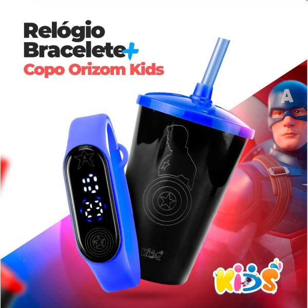 Imagem de Kit Relógio Infantil Led Capitão América + Copo Azul Krdlbc2