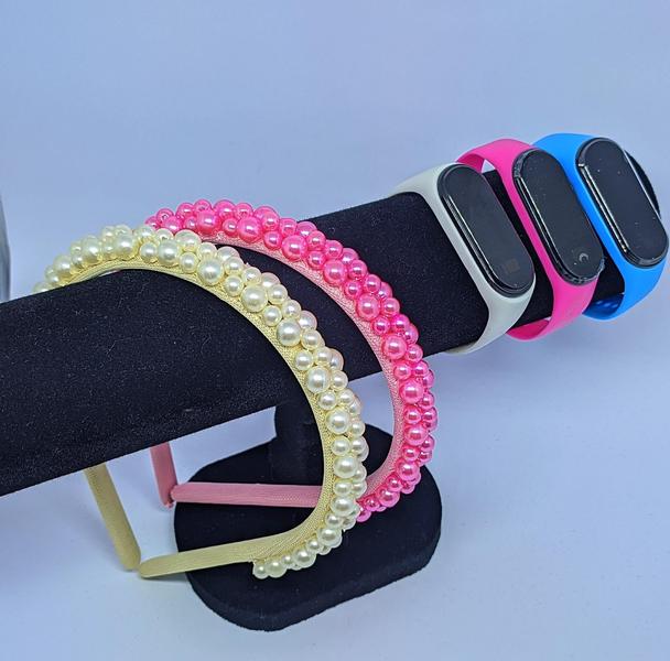 Imagem de Kit Relógio Infantil Menina Digital Led Bracelete Silicone Prova água + Tiara Arquinho Bordada Pérolas Moda Presente