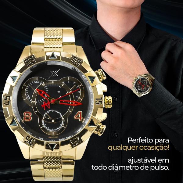 Imagem de Kit Relógio Masculino Aço Inox Dourado + Corrente Grumet Grossa Com Crucifixo + Pulseira + Caixa Presente