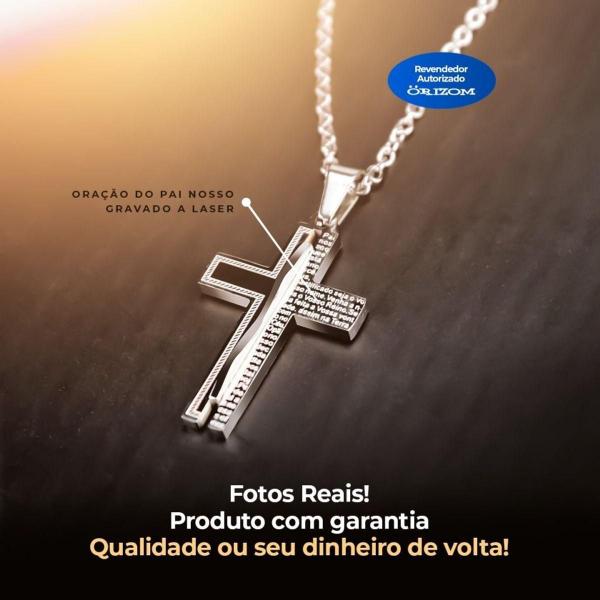 Imagem de Kit Relógio Masculino Aço Preto + Colar Pai Nosso Krp1b