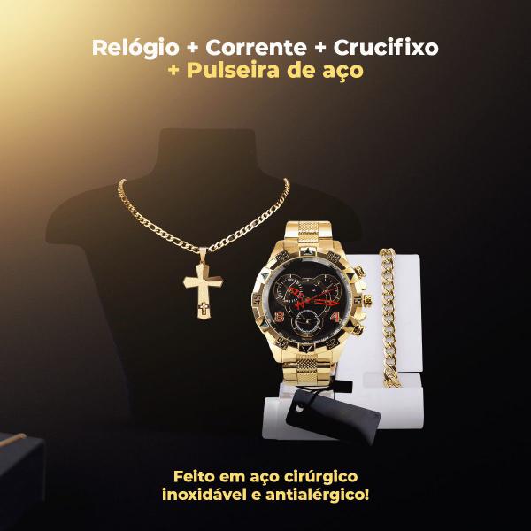 Imagem de Kit relógio Masculino analógico aço garantia crucifixo