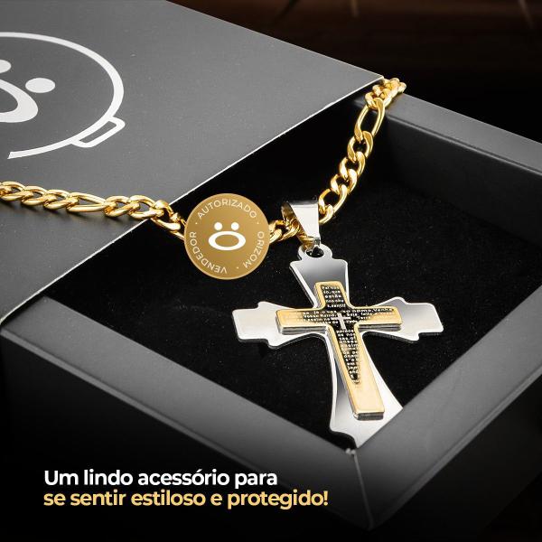 Imagem de KIT Relógio Masculino Analógico Aço Inoxidável Dourado Fundo Preto Acompanha Cordão Dourado com Pingente Cruz Gravado Oração Pai Nosso e Pulseira  