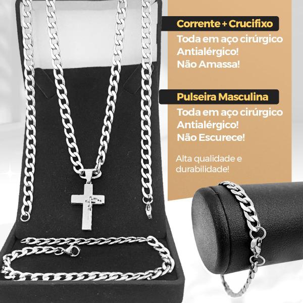 Imagem de KIT Relógio Masculino Analógico Prata com Preto Pulseira de Silicone e Cordão Corrente em Aço Inoxidável Grumet com Pingente Crucifixo e Pulseira Aço 