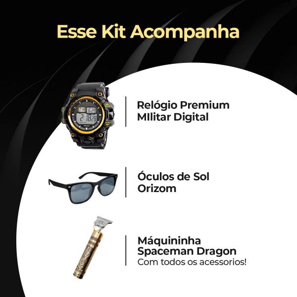 Imagem de KIT Relógio Masculino Digital Preto Dourado Pulseira Silicone Resistente Água Óculos Sol Preto Proteção UV Máquina Cortar Cabelo Orizom Dragon