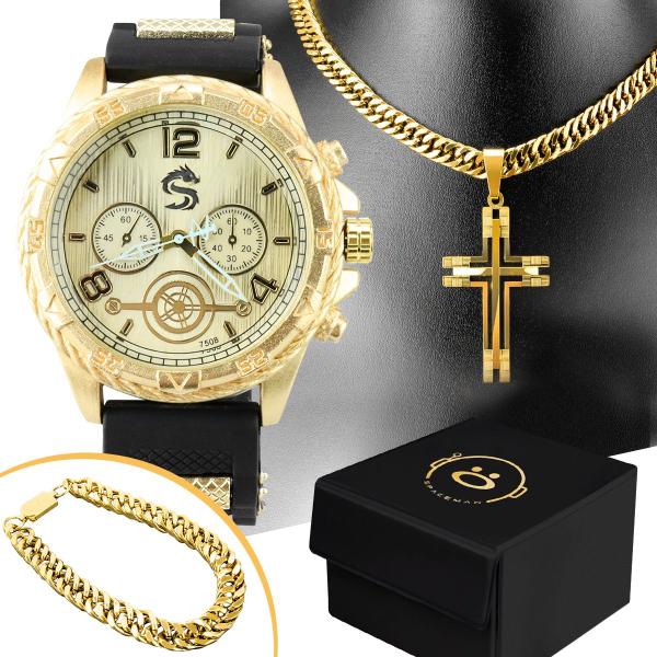 Imagem de Kit Relógio Masculino Dragon Pulseira Colar Dourado