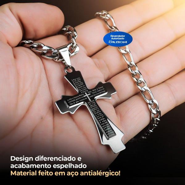 Imagem de Kit Relogio Masculino Prata analogico prova agua crucifixo pulseira + caixa presente