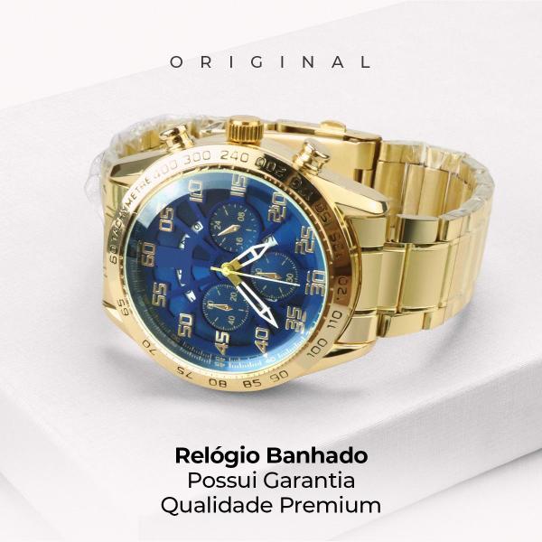 Imagem de Kit Relógio Masculino Quartz Tampo Blindado Prova D'água + Corrente Pingente Fé Cruz + Bracelete Casual Banhado Ouro 18k