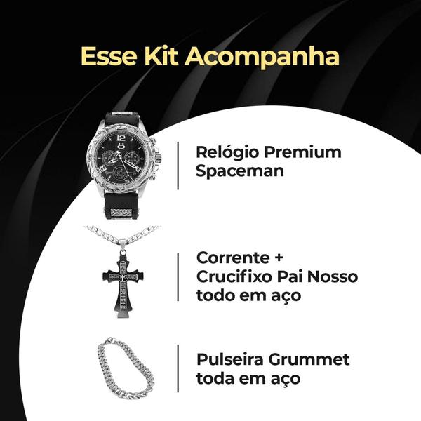 Imagem de Kit Relógio Masculino Quartzo Aço Inoxidável + Pulseira Casual + Corrente Cruz