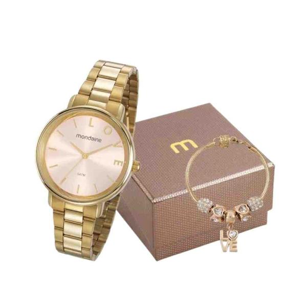 Imagem de Kit Relógio Mondaine Dourado Feminino 53761LPMKDE1K1