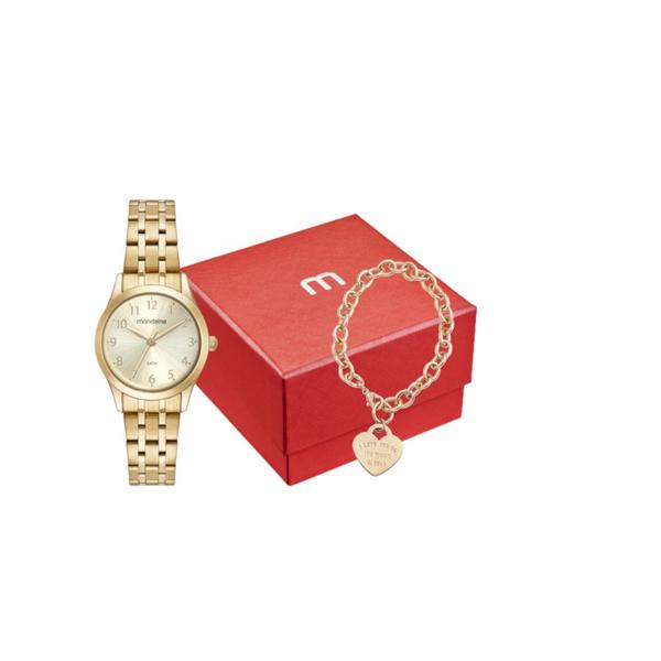 Imagem de Kit Relógio Mondaine Feminino Cristal Dourado 32608LPMKDE1K3