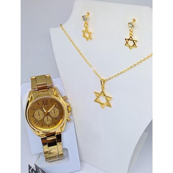 Imagem de Kit Relógios Feminino Pallyjane Prova água  Aço Inox + Cojunto Colar e Brincos Folheado Ouro Dourado Gold Rose Moda