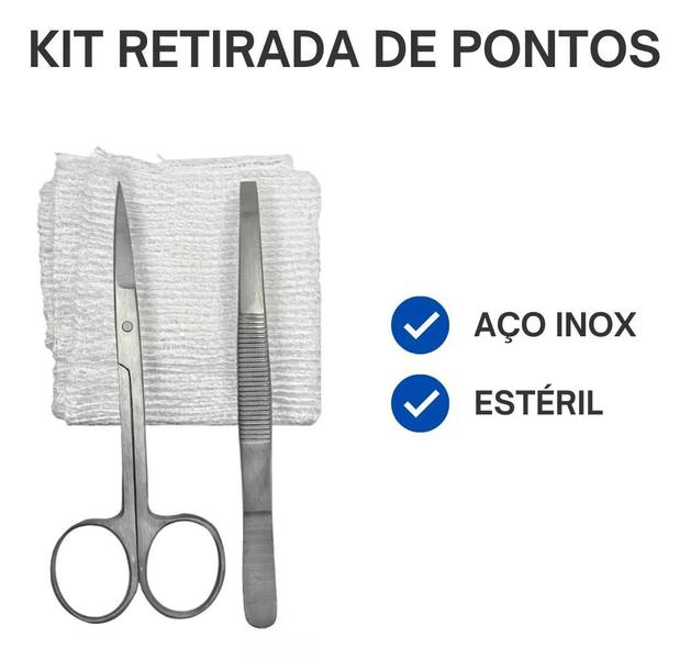 Imagem de Kit Retirada De Pontos Estéril Tesoura Íris + Pinça + Gaze