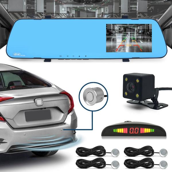 Imagem de Kit Retrovisor C/ Tela + Câmera Ré E Frontal + Sensor Ré Prata Cromado Cromo Ford Fiesta 2012 2013 2014 2015 2016 Estacionamento