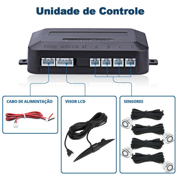 Imagem de Kit Retrovisor C/ Tela + Câmera Ré E Frontal + Sensor Ré Prata Cromado Cromo Peugeot 207 Estacionamento