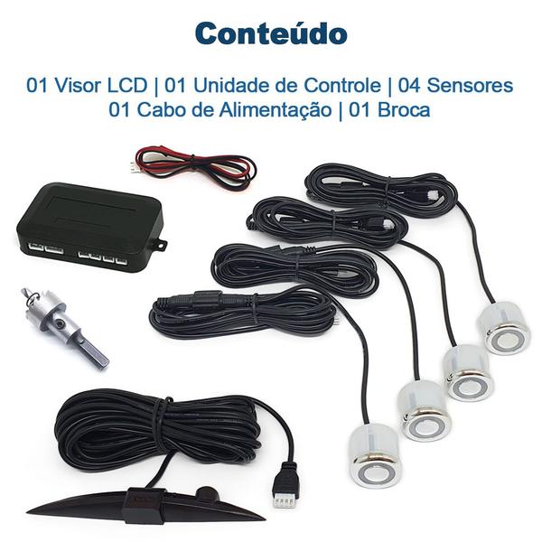 Imagem de Kit Retrovisor C/ Tela + Câmera Ré E Frontal + Sensor Ré Prata Cromado Cromo Peugeot 207 Estacionamento