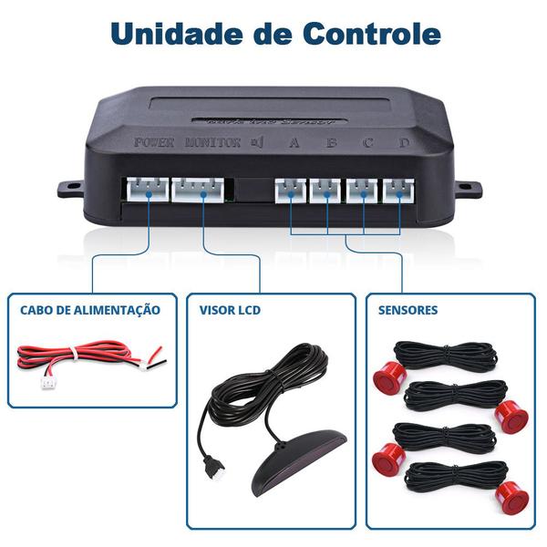 Imagem de Kit Retrovisor C/ Tela + Câmera Ré E Frontal + Sensor Ré Vermelho Ssangyong Korando 2011 2012 2013 Estacionamento