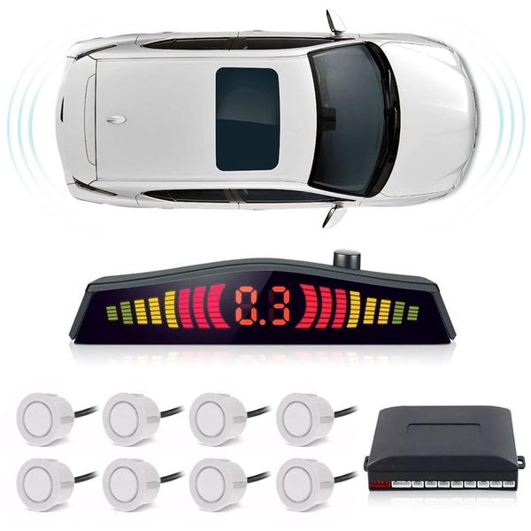 Imagem de Kit Retrovisor C/ Tela + Câmera Ré + Sensor 8 Pontos Branco Cobalt 2011 2012 2013 2014 Estacionamento Aviso Sonoro