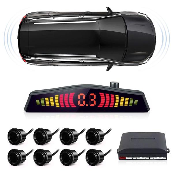 Imagem de Kit Retrovisor C/ Tela + Câmera Ré + Sensor 8 Pontos Preto Mitsubishi Lancer 2007 2008 2009 2010 2011 Estacionamento Aviso Sonoro