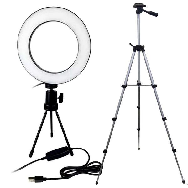 Imagem de Kit Ring Light 16cm Profissional Usb com Controle e Suporte + Tripé 120cm