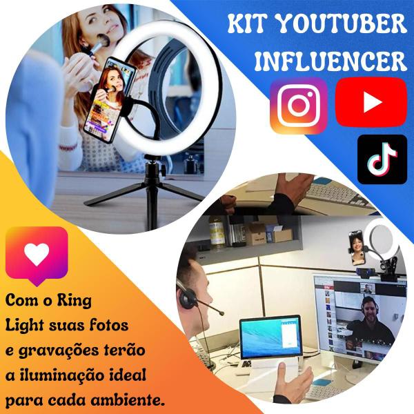 Kit Ring light 26Cm Tripé Celular Bastão Microfone Bluetooth - PDIMPORT Imagem de Kit Ring light 26Cm Tripé Celular Bastão Microfone Bluetooth