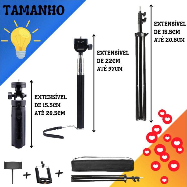 Kit Ring light 26Cm Tripé Celular Bastão Microfone Bluetooth - PDIMPORT Imagem de Kit Ring light 26Cm Tripé Celular Bastão Microfone Bluetooth