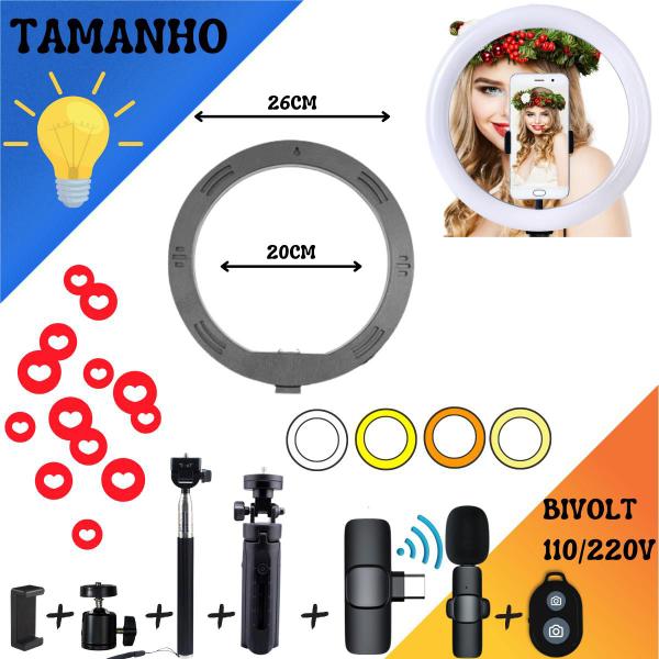 Imagem de Kit Ring light 26Cm Tripé Celular Bastão Microfone Bluetooth