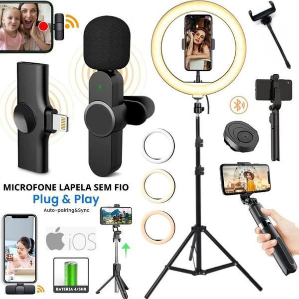Kit Ring Light Led Tripé Microfone Lapela Sem Fio para iPhone Filmagem Profissional - CJR Imagem de Kit Ring Light Led Tripé Microfone Lapela Sem Fio para iPhone Filmagem Profissional