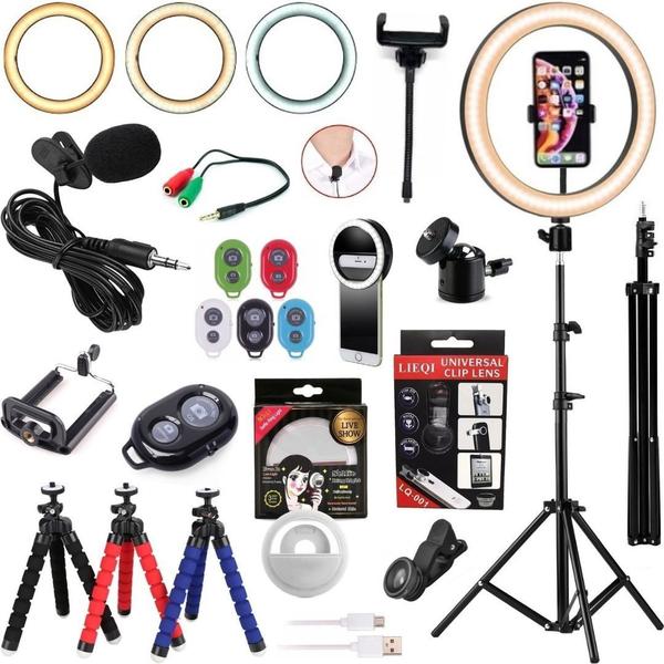 Imagem de Kit Ring light Luz led com Tripé 2m Lentes Microfone Acessórios Filmagem Vídeos Celular