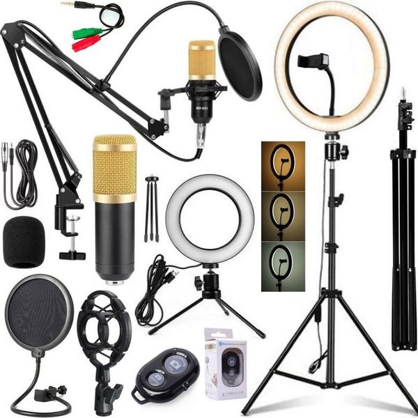 Kit Ring Light Luz Tripé 2m Microfone Condensador Braço Articulado Home Estúdio Gravação - CJR Imagem de Kit Ring Light Luz Tripé 2m Microfone Condensador Braço Articulado Home Estúdio Gravação