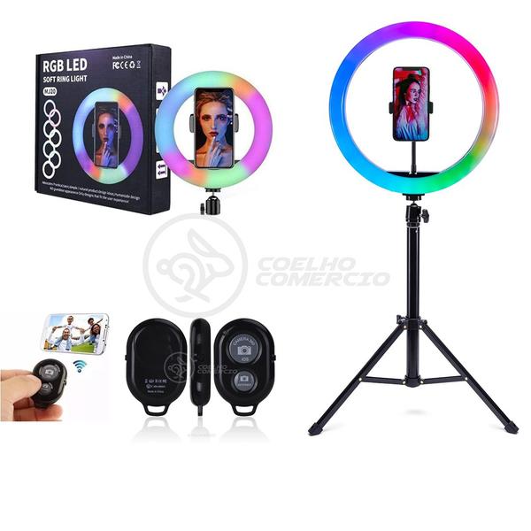 Imagem de Kit Ring Light RGB com Suporte de Celular + Tripé 1,5m + Disparador de Fotos - Foto Profissional