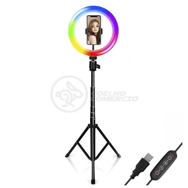 Imagem de Kit Ring Light RGB + Tripé 1,5m + Microfone Lapela - Conjunto Iluminação Completo Youtuber