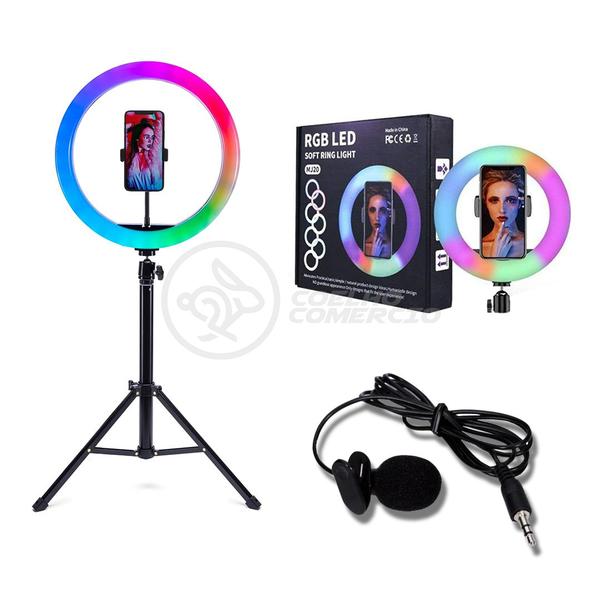 Imagem de Kit Ring Light RGB + Tripé 1,5m + Microfone Lapela - Conjunto Iluminação Completo Youtuber