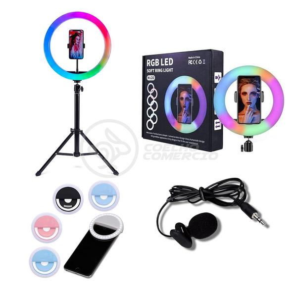 Imagem de Kit Ring Light RGB + Tripé 1,5m + Microfone Lapela + Mini Ring Light - Conjunto Blogueira Pro