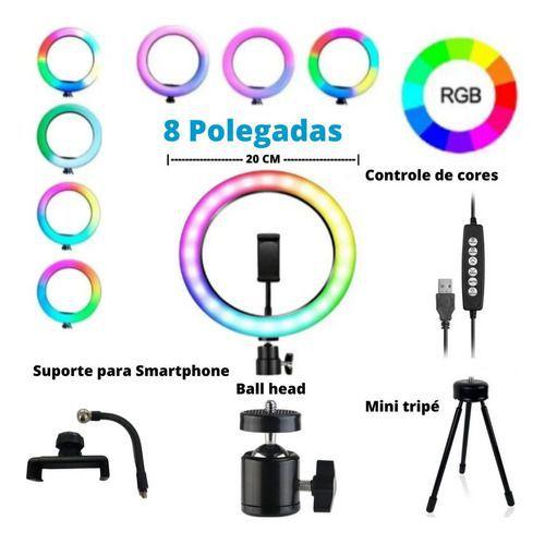 Imagem de Kit Ring Light Youtuber + Tripé Câmera Rgb cores 8 pol