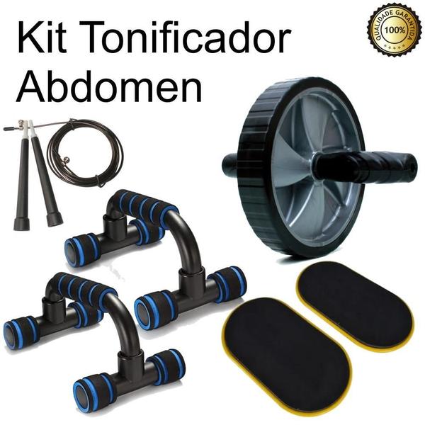 Imagem de Kit Roda Abdominal Rolinho Com Apoio Flexão + Corda + Disco