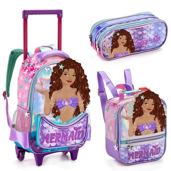 Imagem de Kit Rodinhas Mochila Feminina A Pequena Sereia Original - Xeryus