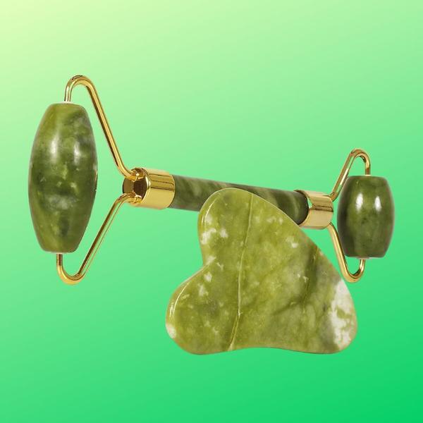 Kit Rolo de Jade e Placa Gua Sha 2 pçs - ROLO JADE E PEDRA Imagem de Kit Rolo de Jade e Placa Gua Sha 2 pçs
