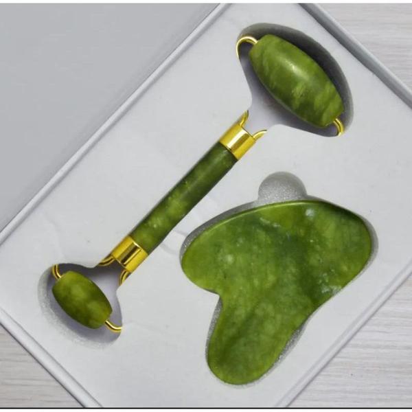 Kit Rolo de Jade e Placa Gua Sha 2 pçs - ROLO JADE E PEDRA Imagem de Kit Rolo de Jade e Placa Gua Sha 2 pçs