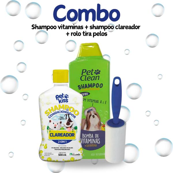 Imagem de Kit Rolo Tira Pelos Adesivo + Shampoo Pet Vitaminas 700ml + Shampoo Pet Clareador 500ml