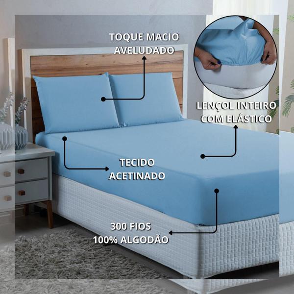 Imagem de Kit Roupa Cama Casal 100% Algodão 3 Peças Percal 300 Fios Hotel Pousada