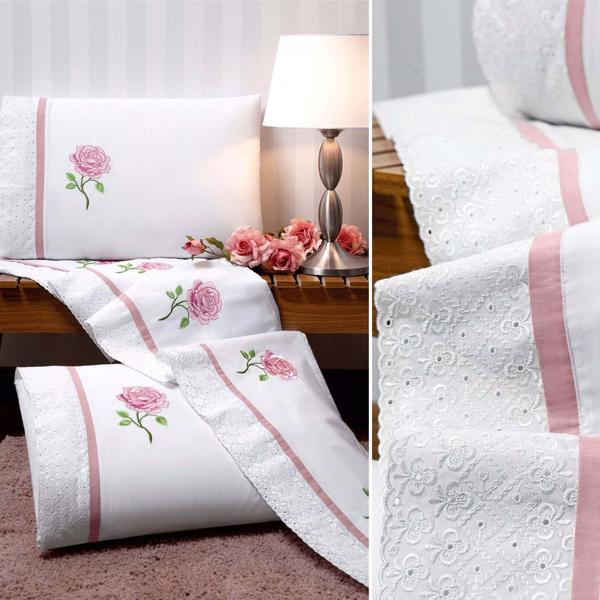 Imagem de Kit roupa cama completo 11 peças cobre leito colcha coberta + jogo de lençol bordado flor em algodão super macio para cama casal queen