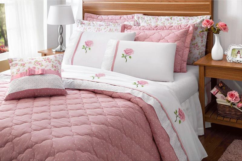 Imagem de Kit roupa cama completo 11 peças cobre leito colcha coberta + jogo de lençol bordado flor em algodão super macio para cama casal queen