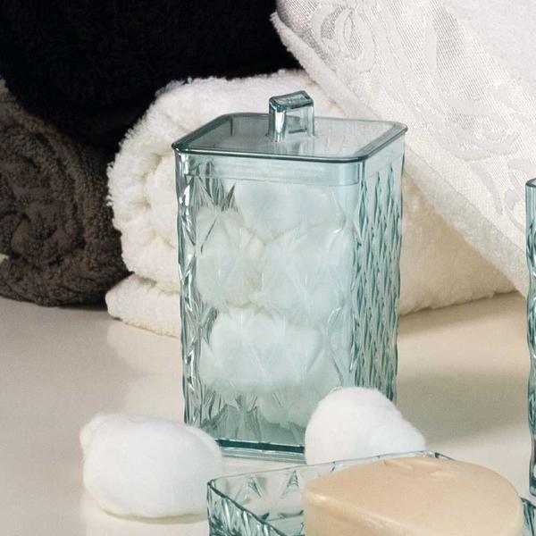 Imagem de Kit saboneteira pia banheiro porta sabonete sabão em barra suporte cotonete e algodão azul com tampa