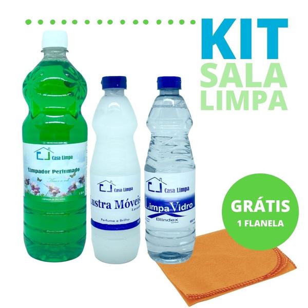 Imagem de Kit sala limpa climpa - lustra moveis 500 + limpa vidros 500 + limpador perfumado 1l + flanela