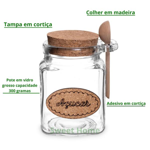 Imagem de Kit Saleiro e Açucareiro de Vidro com Colher Madeira Tampa Rolha Cortiça 2pçs Capacidade 300gr