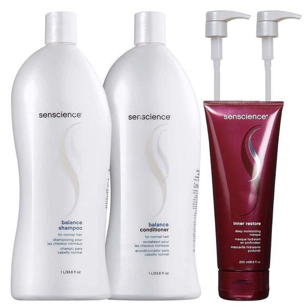 Imagem de Kit Senscience Balance Shampoo 1 litro + Condicionador 1 Litro + Inner Restore Deep Moisturizing 200ml + Válvulas Pump