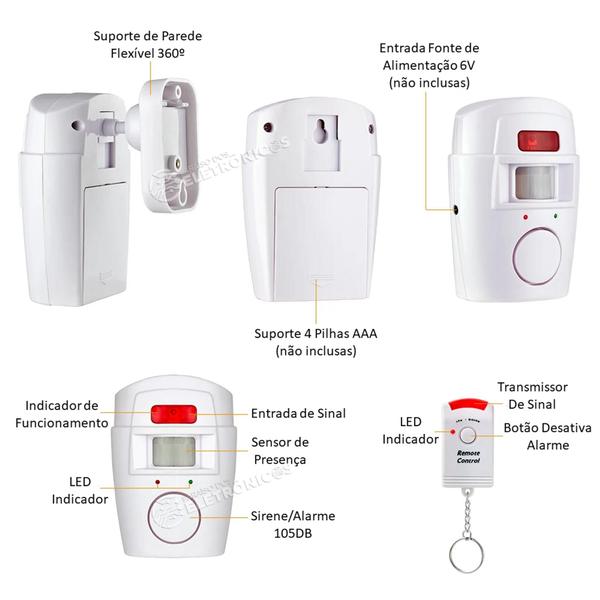 Imagem de Kit Sensor de Presença Com Alarme Residencial Sem Fio + 2 Controles Remotos S1001