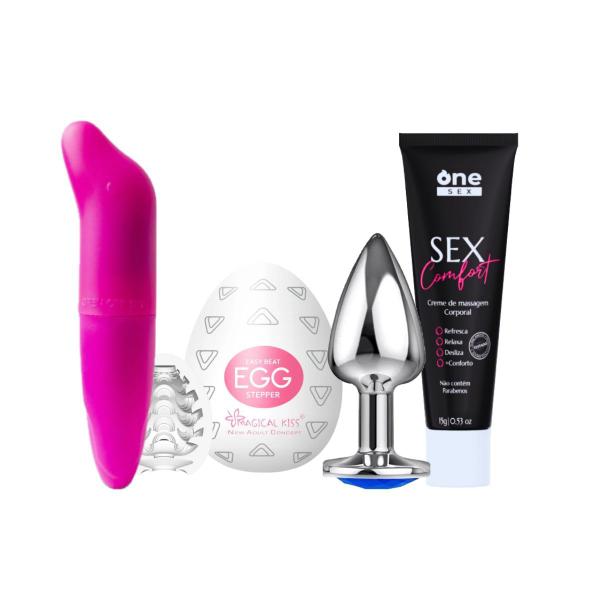 Imagem de Kit Sex Shop Plug Anal P + Egg Masturbador + Gel Sex Comfort + Vibrador Ponto G Liso