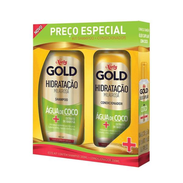 Imagem de Kit Shampoo 300ml  + Condicionador Niely Gold Hidratacao Agua de Coco 200ml